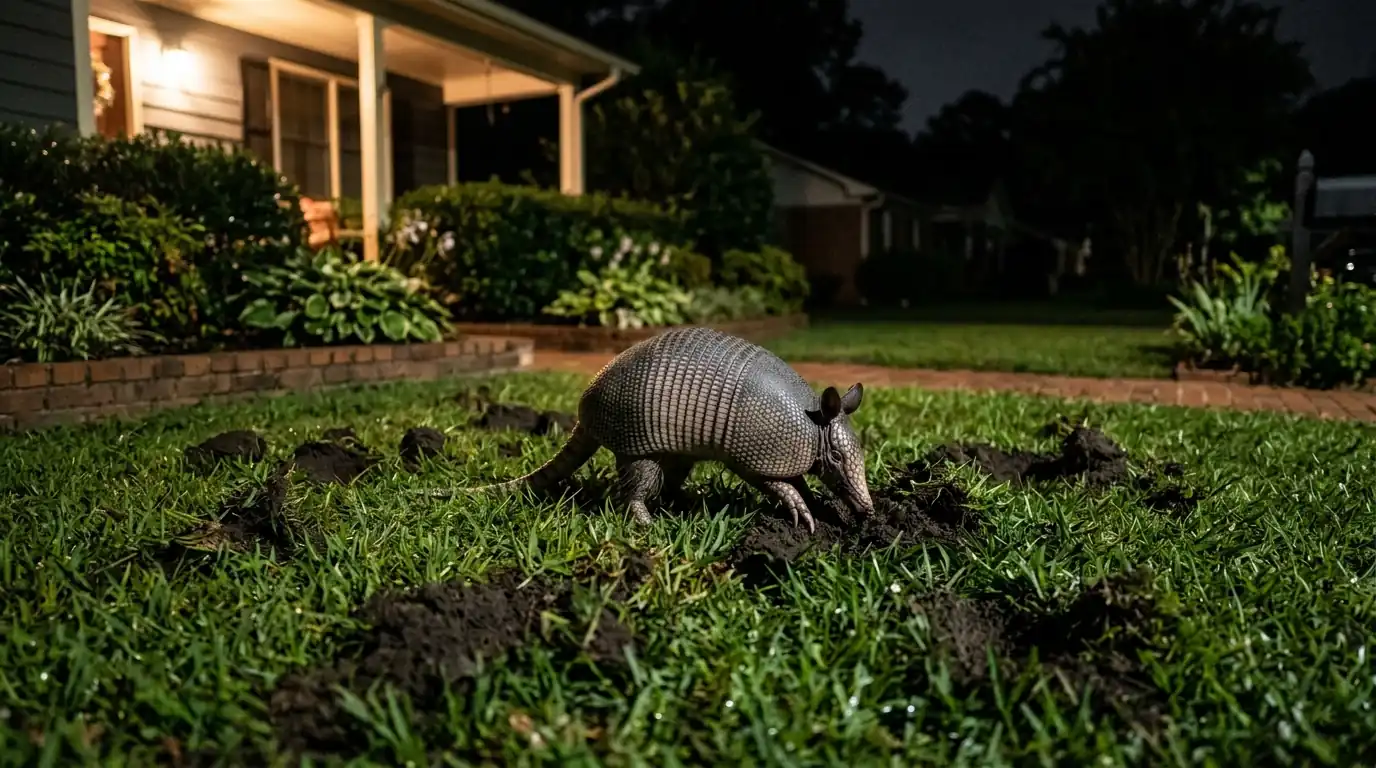 An armadillo rooting in a suburban lawn at night among shallow cone-shaped diggings