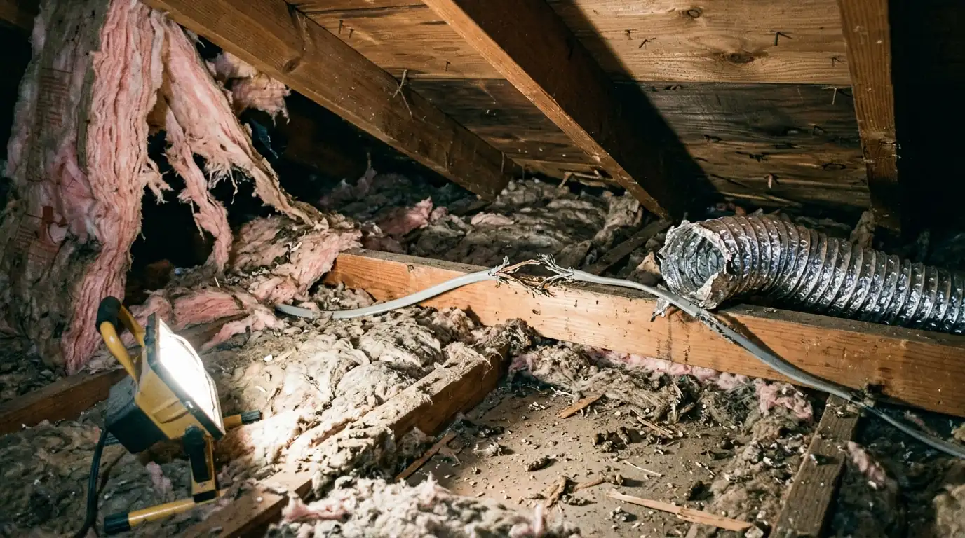 Residential attic with flattened matted insulation, torn batts, a chewed electrical cable and crushed ductwork