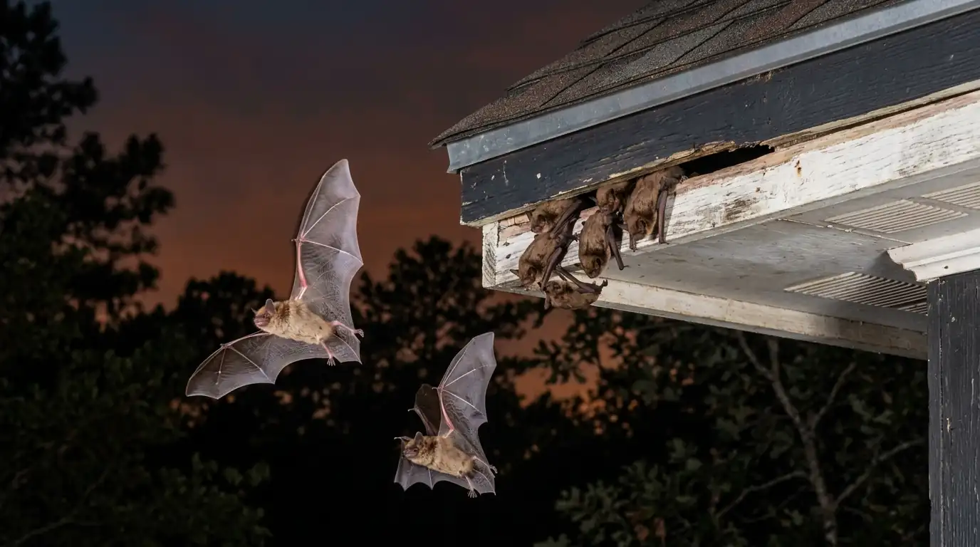 Bats crawling out of a gap where the fascia meets the soffit, two in flight below, at dusk