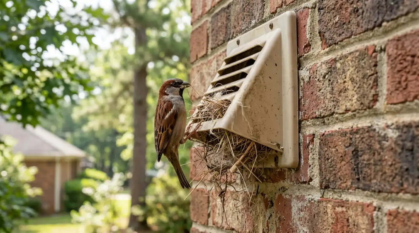 A sparrow at a dryer vent hood on a brick wall with nesting material protruding