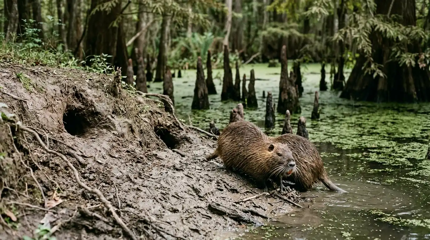 A nutria at the eroding muddy bank of a Louisiana bayou canal with burrow holes visible