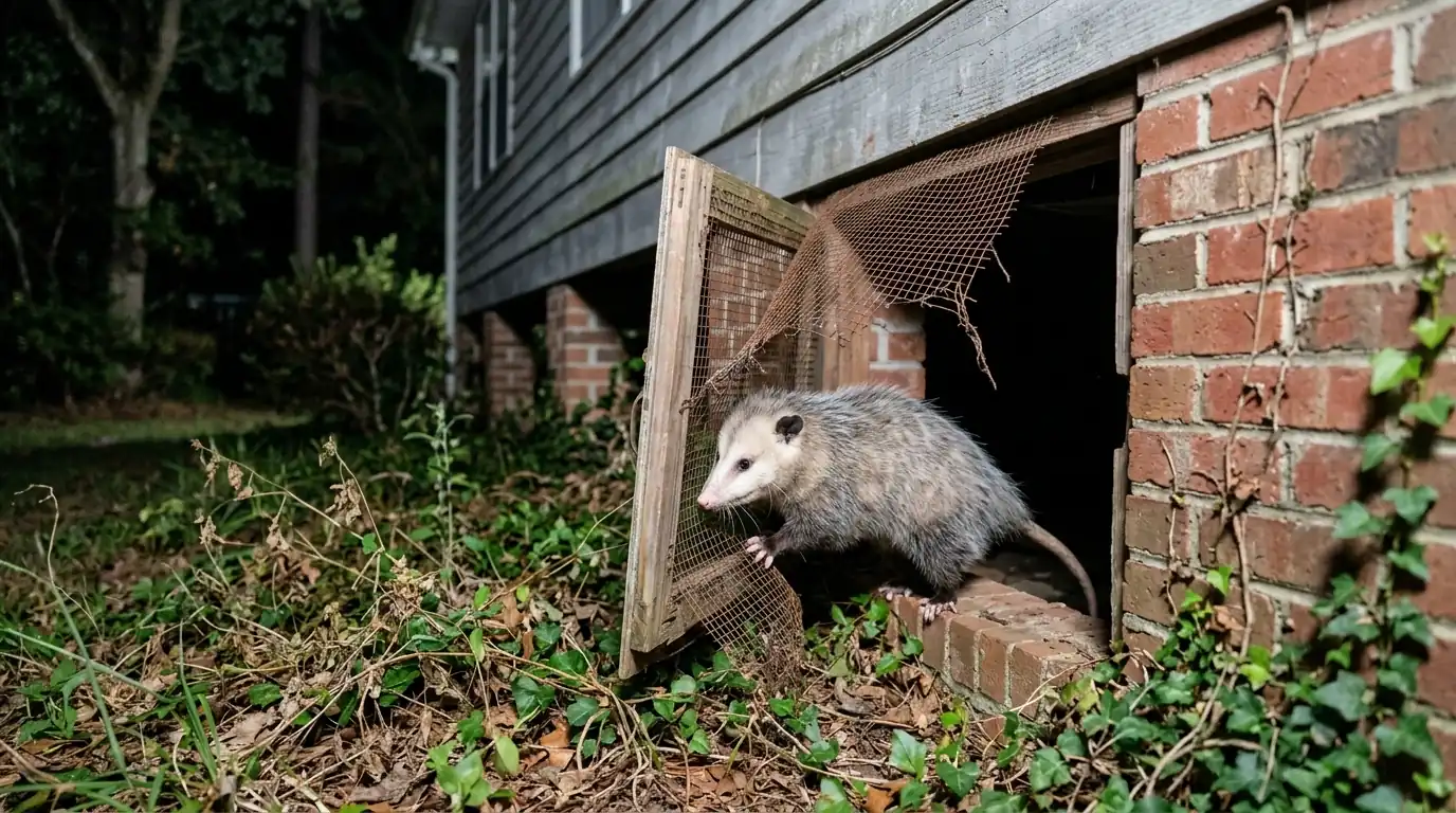 An opossum at a broken crawlspace access door with torn wire mesh hanging loose