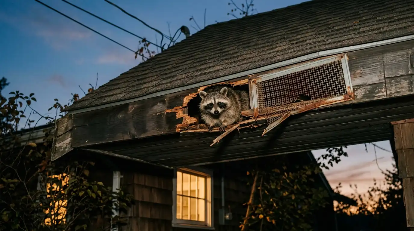A raccoon emerging from a torn soffit beside a damaged gable vent