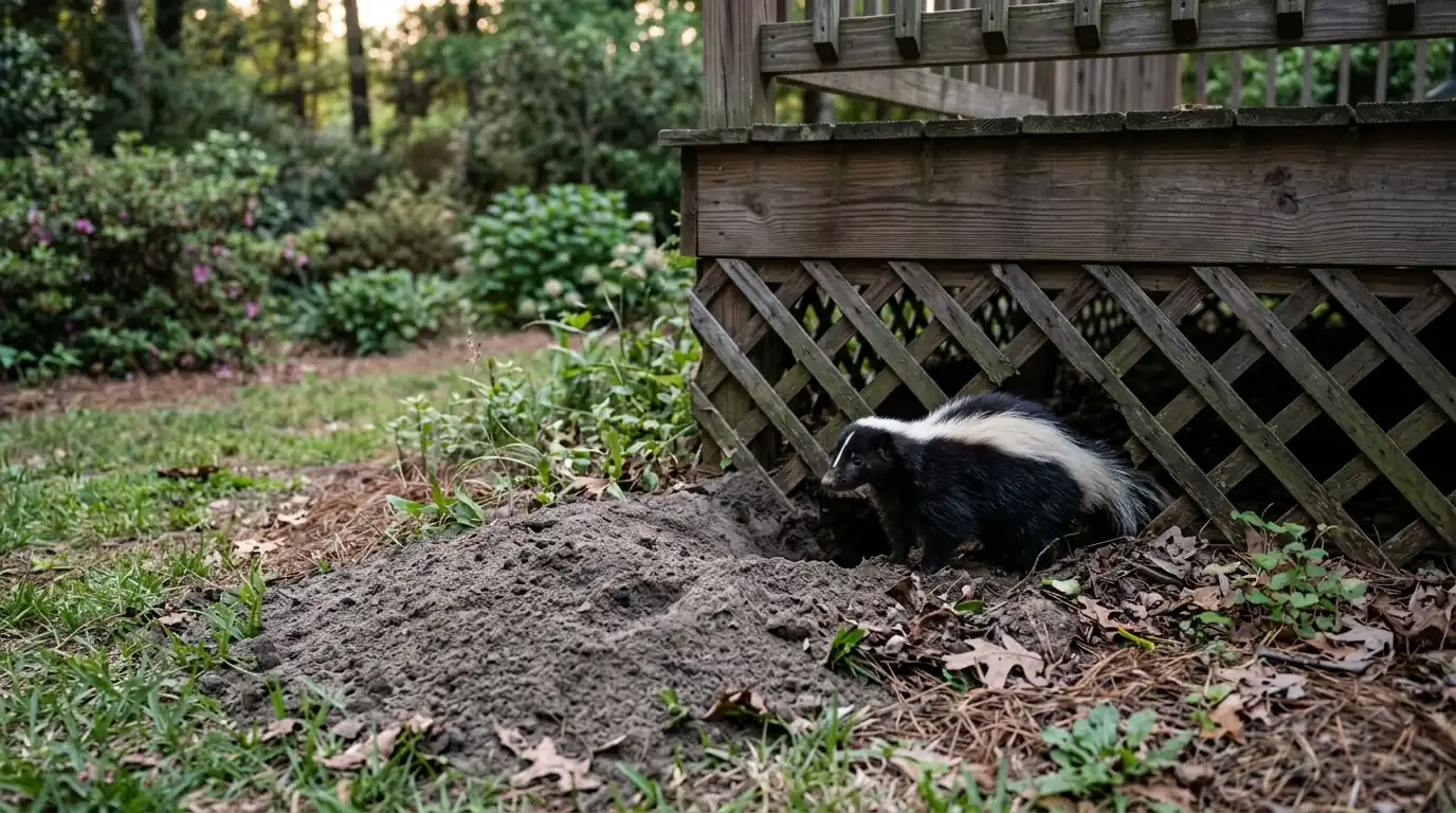 A striped skunk beside a hole dug under the lattice skirting of a wooden deck