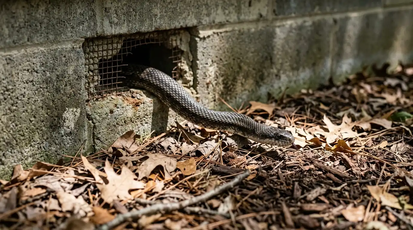 A rat snake emerging from a gap in a concrete block foundation crawlspace vent