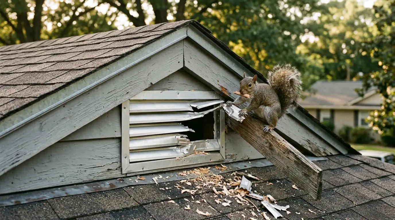 A grey squirrel on a roof edge beside a gable vent with chewed and bent metal louvres